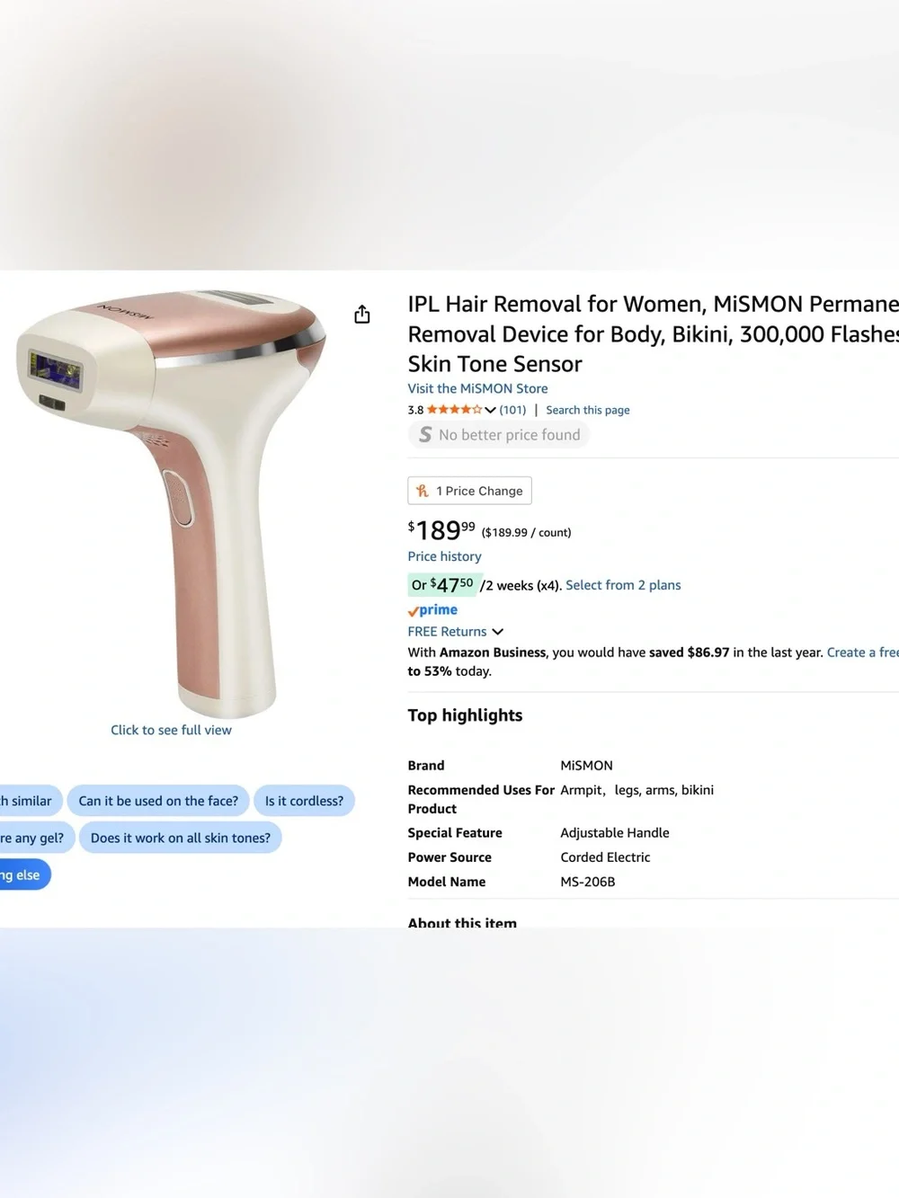 IPL Hair Removal Device MiSMON for Women